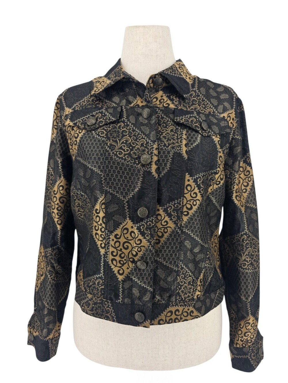 Hearts of Palm Size 12 Black Tan Patchwork Tapestry Jacket Cropped Blazer